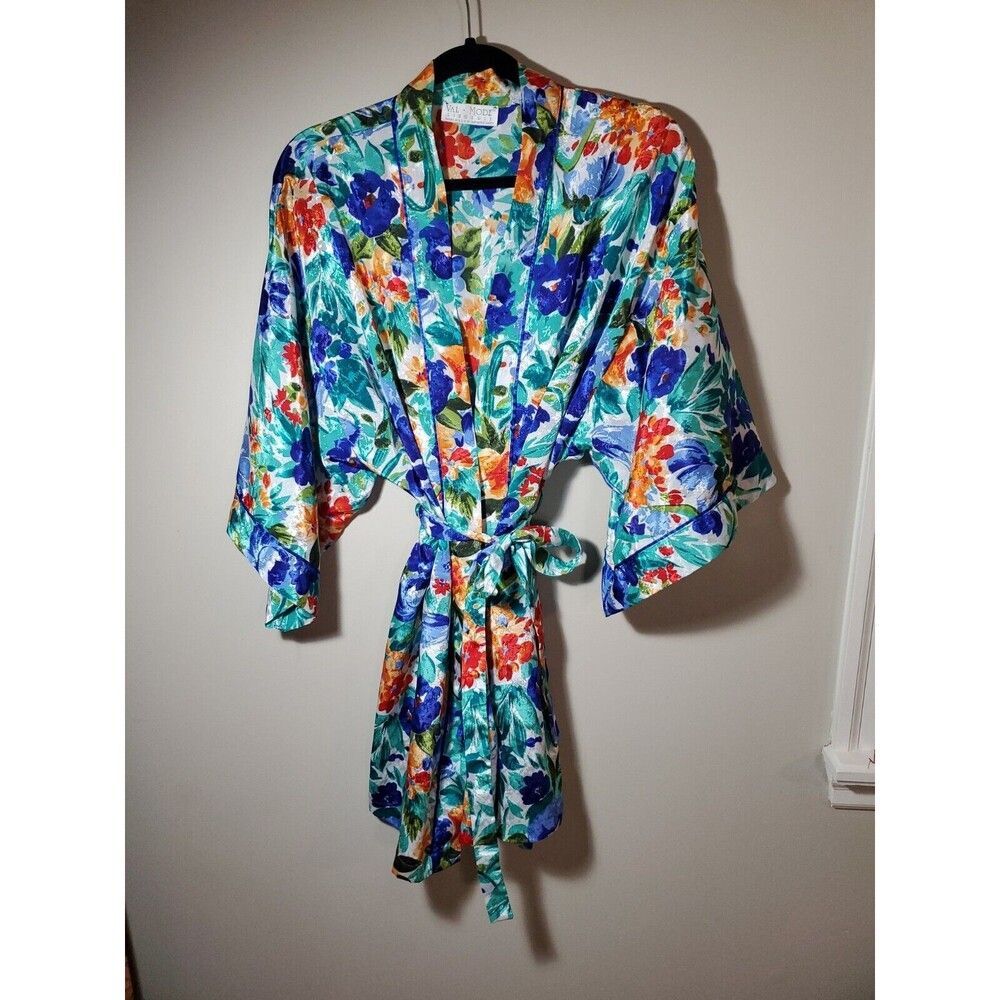 Vtg Val Mode Womens large Floral Kimono Satin Short Robe pinup glam sultry